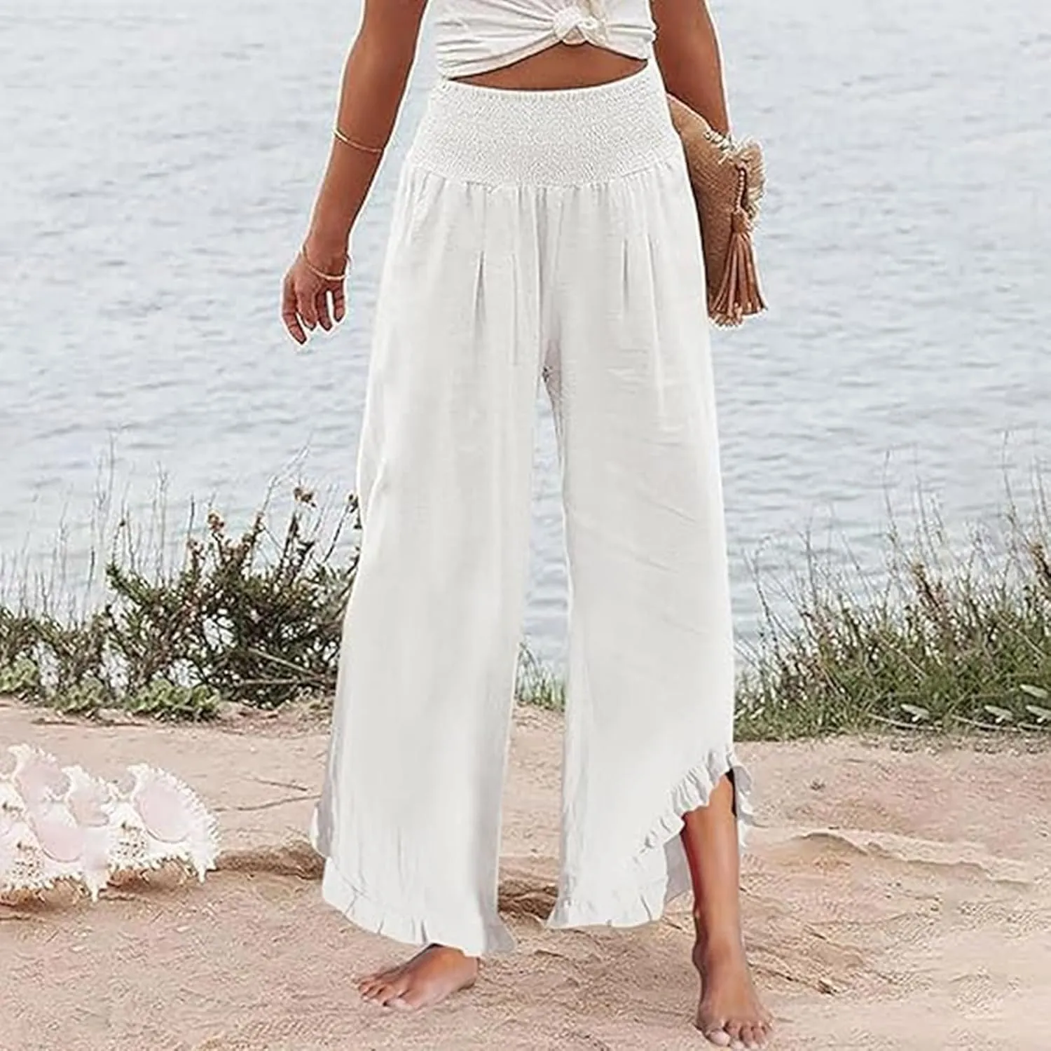 Aniywn Linen Pants Women Summer Wide Leg Trousers Smocked Waist Ruffle Hem Palazzo Pants Boho Flowy Beach Trousers Pocket