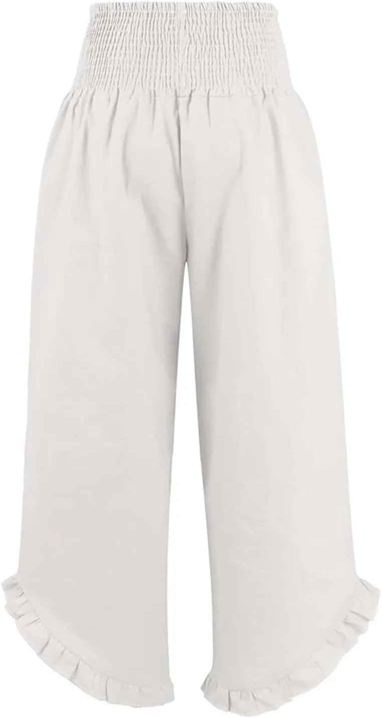 Aniywn Linen Pants Women Summer Wide Leg Trousers Smocked Waist Ruffle Hem Palazzo Pants Boho Flowy Beach Trousers Pocket