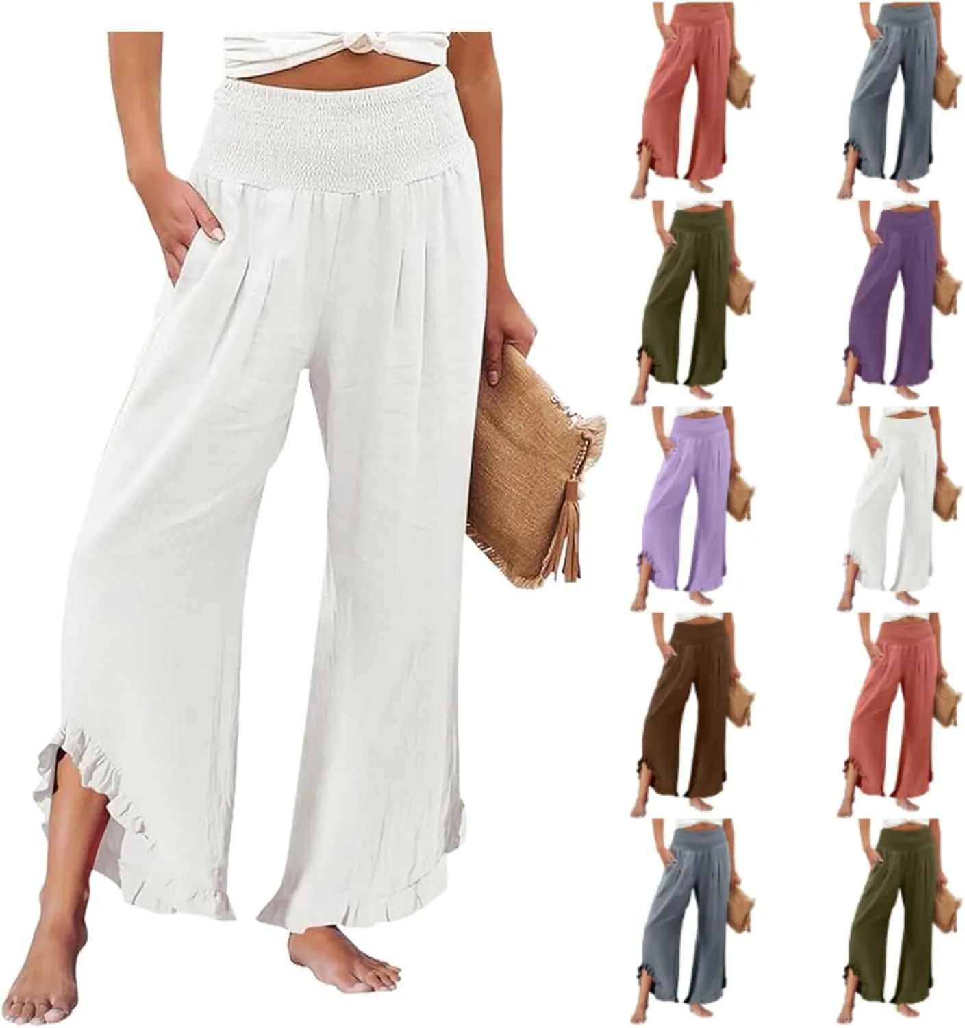 Aniywn Linen Pants Women Summer Wide Leg Trousers Smocked Waist Ruffle Hem Palazzo Pants Boho Flowy Beach Trousers Pocket