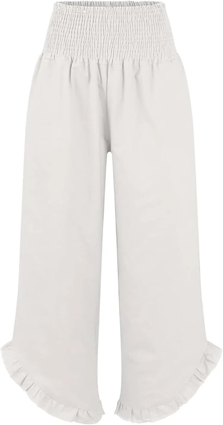 Aniywn Linen Pants Women Summer Wide Leg Trousers Smocked Waist Ruffle Hem Palazzo Pants Boho Flowy Beach Trousers Pocket