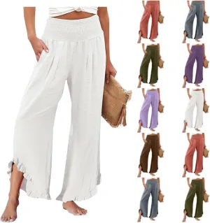 Aniywn Linen Pants Women Summer Wide Leg Trousers Smocked Waist Ruffle Hem Palazzo Pants Boho Flowy Beach Trousers Pocket