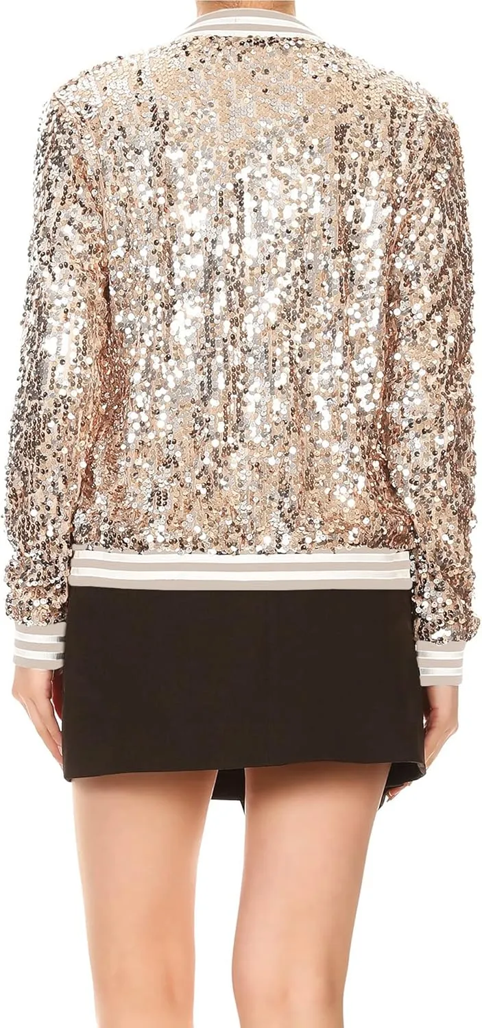 Anna-Kaci Womens Sequin Jacket Bomber Coat 1989 Slitter Outfit For Concert Party, Blue, Large