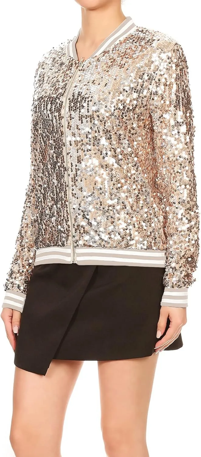 Anna-Kaci Womens Sequin Jacket Bomber Coat 1989 Slitter Outfit For Concert Party, Blue, Large
