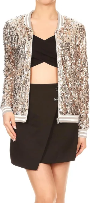 Anna-Kaci Womens Sequin Jacket Bomber Coat 1989 Slitter Outfit For Concert Party, Blue, Large