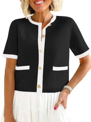 ANRABESS Women's Short Sleeve Cardigan Sweaters Summer Casual Crew Neck Knit Striped Button Down Cropped Dressy Blouses Tops