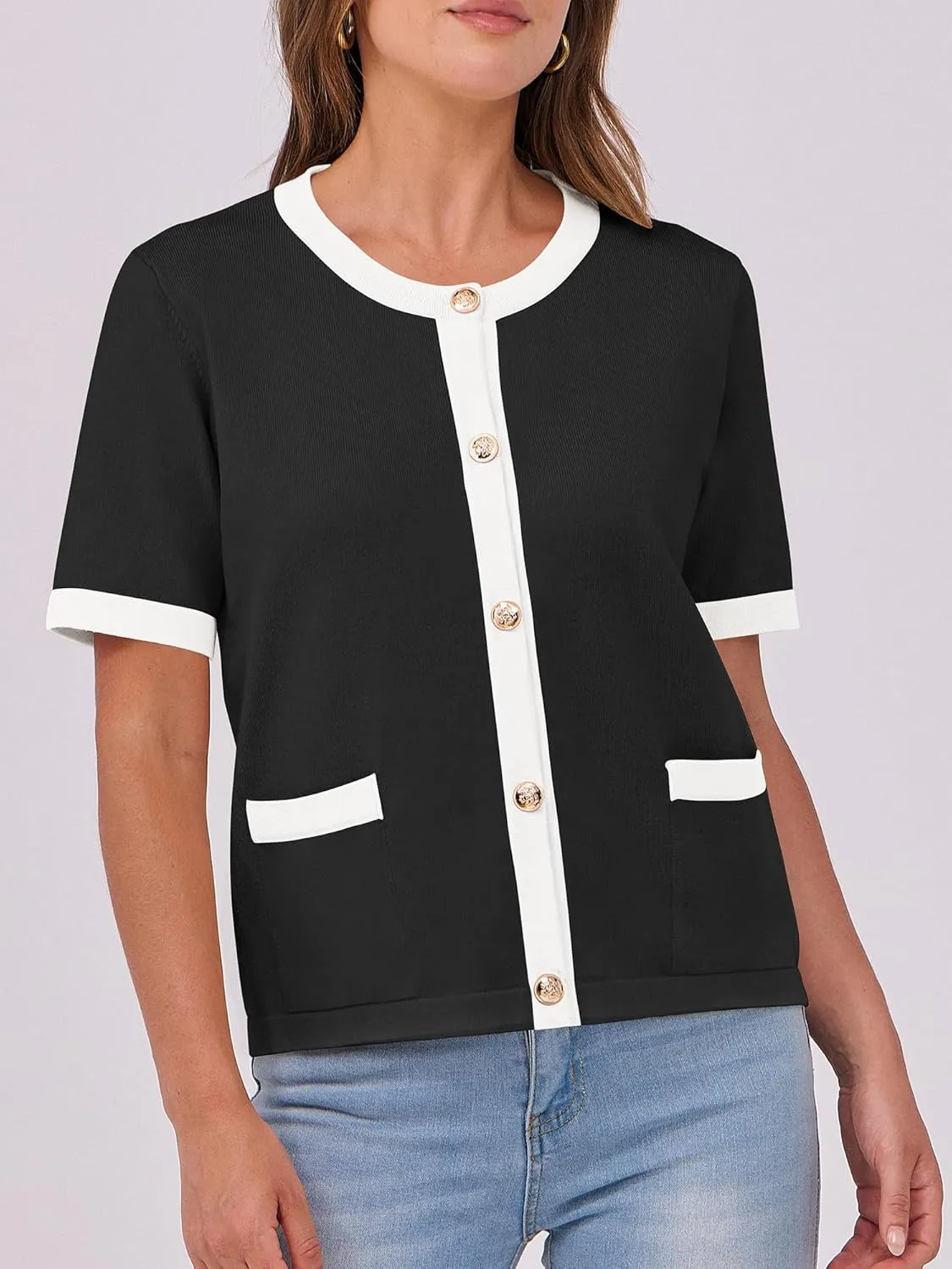 ANRABESS Women's Short Sleeve Cardigan Sweaters Summer Casual Crew Neck Knit Striped Button Down Cropped Dressy Blouses Tops
