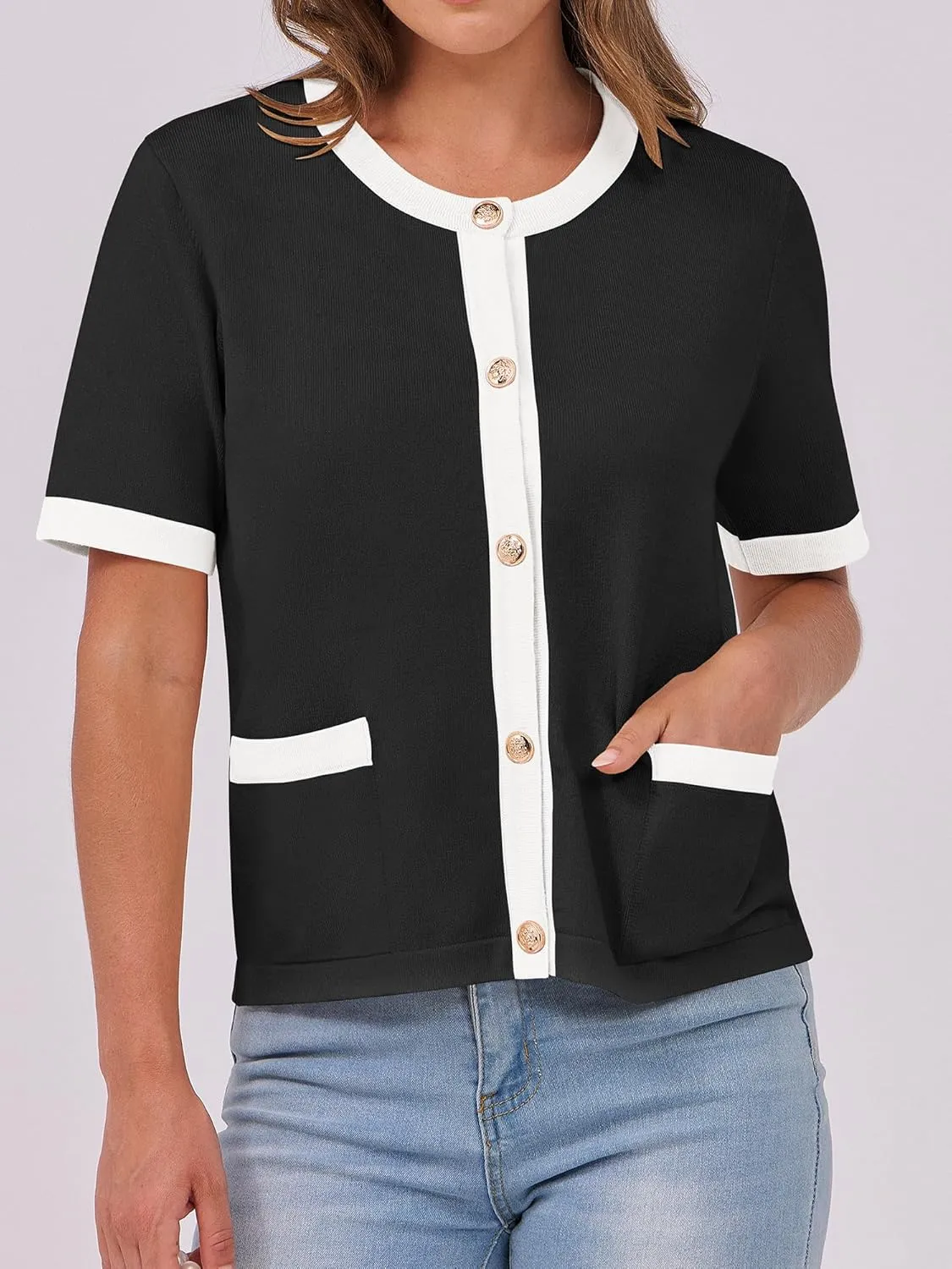 ANRABESS Women's Short Sleeve Cardigan Sweaters Summer Casual Crew Neck Knit Striped Button Down Cropped Dressy Blouses Tops