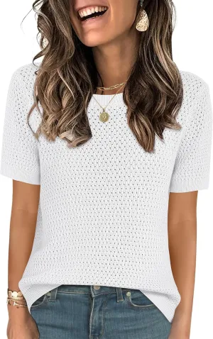 ANRABESS Women's Short Sleeve Sweaters Summer Knit Tops Crewneck Casual Business Dressy Blouses 2025 Spring Outfit