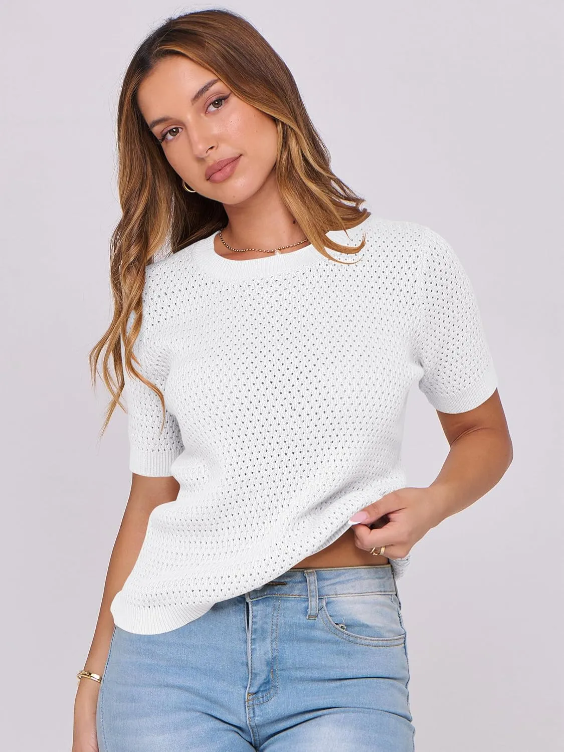 ANRABESS Women's Short Sleeve Sweaters Summer Knit Tops Crewneck Casual Business Dressy Blouses 2025 Spring Outfit