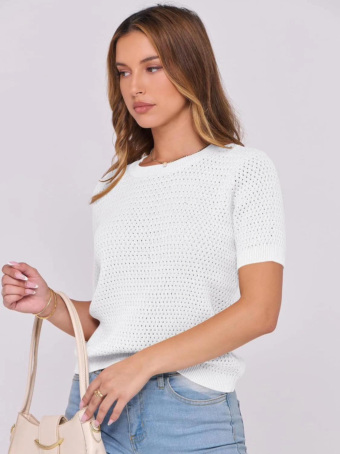 ANRABESS Women's Short Sleeve Sweaters Summer Knit Tops Crewneck Casual Business Dressy Blouses 2025 Spring Outfit