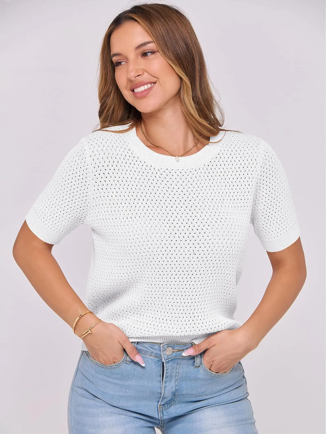 ANRABESS Women's Short Sleeve Sweaters Summer Knit Tops Crewneck Casual Business Dressy Blouses 2025 Spring Outfit