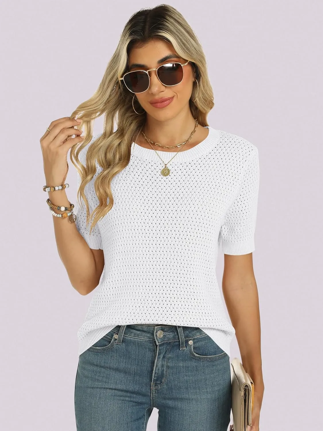 ANRABESS Women's Short Sleeve Sweaters Summer Knit Tops Crewneck Casual Business Dressy Blouses 2025 Spring Outfit
