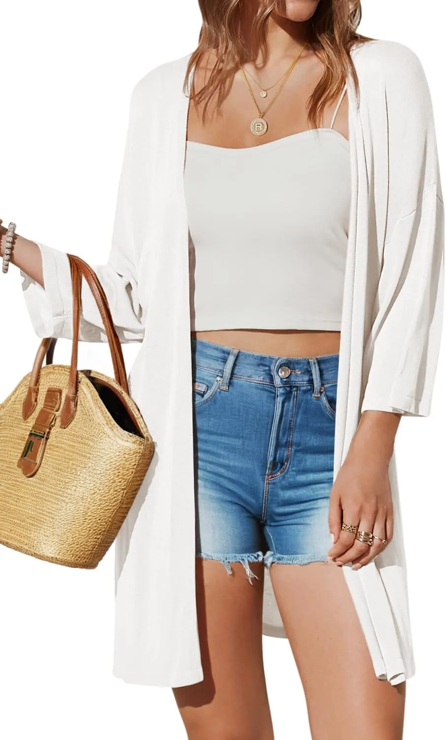 Arach&Cloz Women's 2025 Summer 3/4 Short Sleeve Open Front Lightweight Outfit Cardigan Casual Kimono Beach Sweater