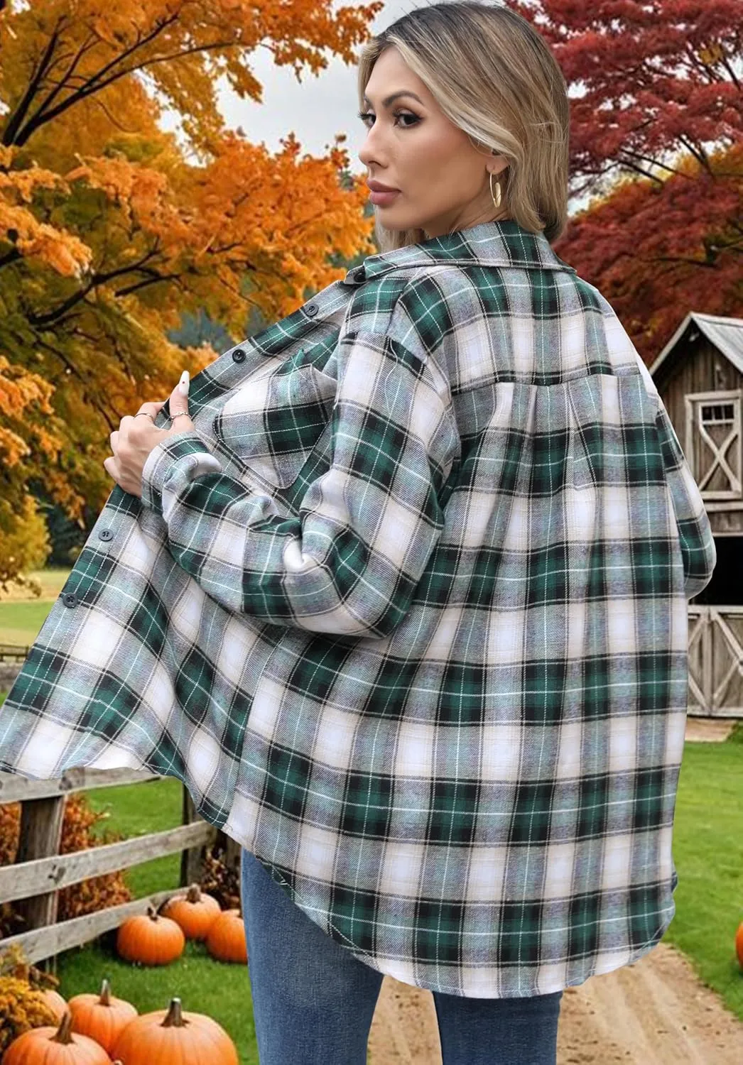 Asiertiy Womens Buffalo Plaid Flannel Shirt Long Sleeve Collar Button Down Blouses Lightweight Tops (S-2XL)