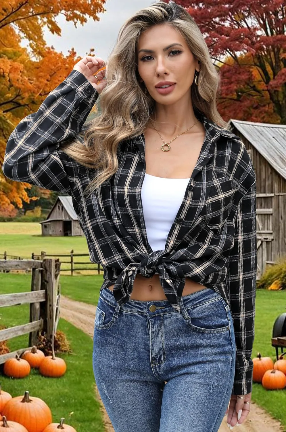 Asiertiy Womens Buffalo Plaid Flannel Shirt Long Sleeve Collar Button Down Blouses Lightweight Tops (S-2XL)