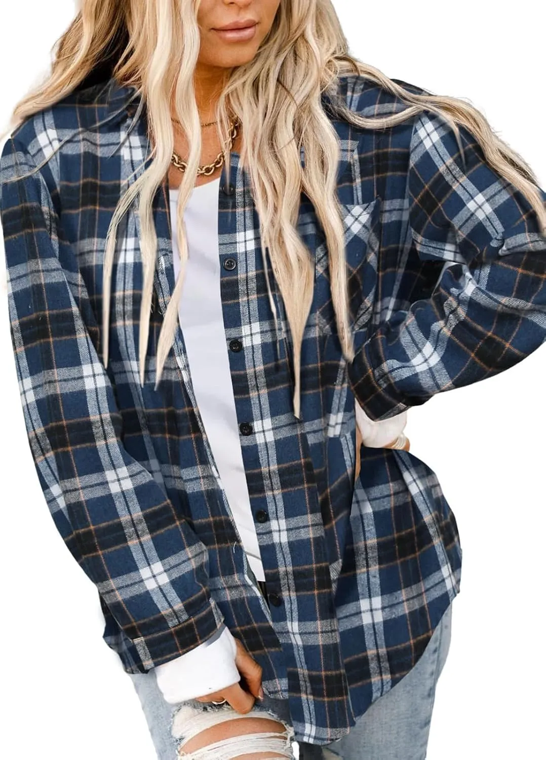 Asiertiy Womens Buffalo Plaid Flannel Shirt Long Sleeve Collar Button Down Blouses Lightweight Tops (S-2XL)