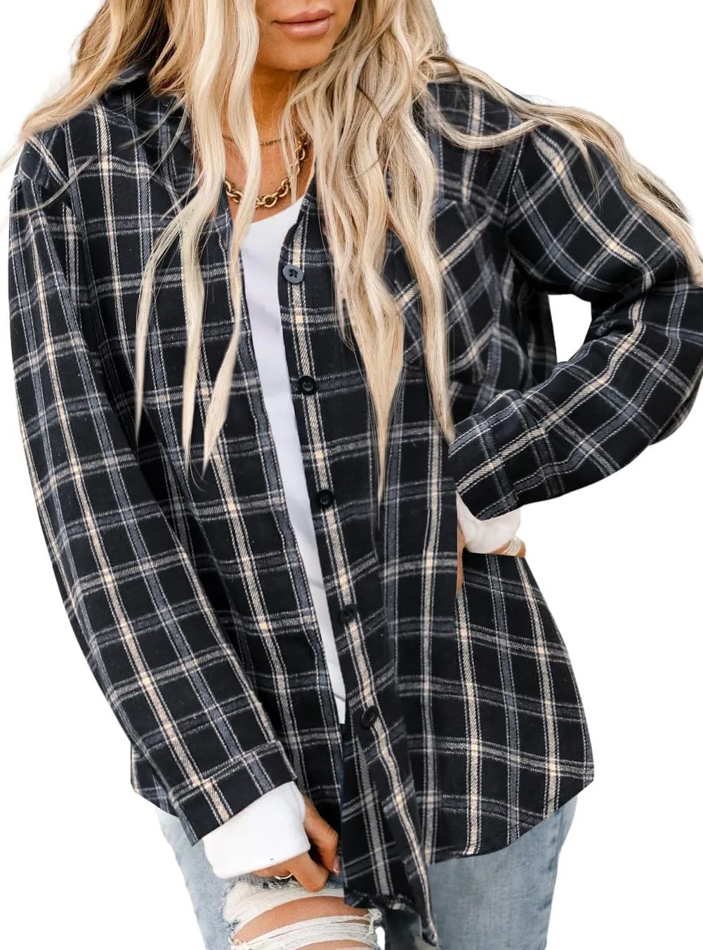 Asiertiy Womens Buffalo Plaid Flannel Shirt Long Sleeve Collar Button Down Blouses Lightweight Tops (S-2XL)