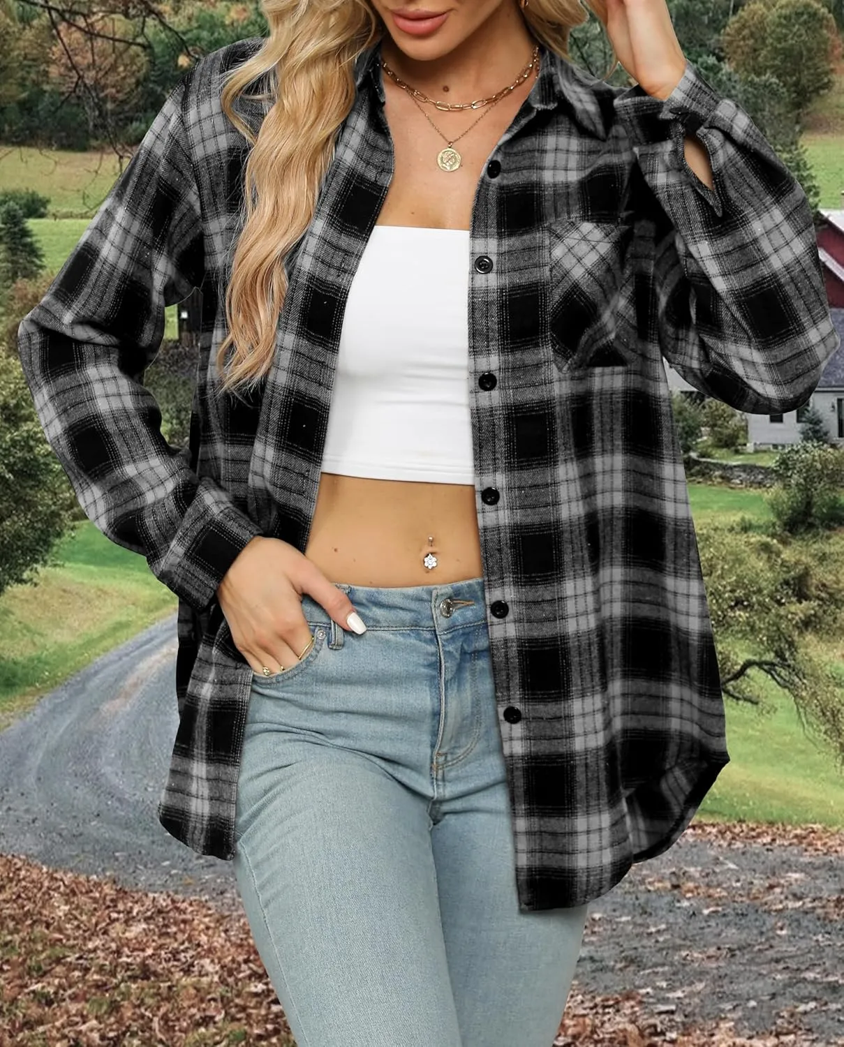 Asiertiy Womens Buffalo Plaid Flannel Shirt Long Sleeve Collar Button Down Blouses Lightweight Tops (S-2XL)