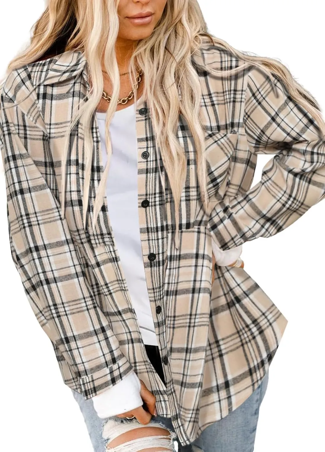 Asiertiy Womens Buffalo Plaid Flannel Shirt Long Sleeve Collar Button Down Blouses Lightweight Tops (S-2XL)