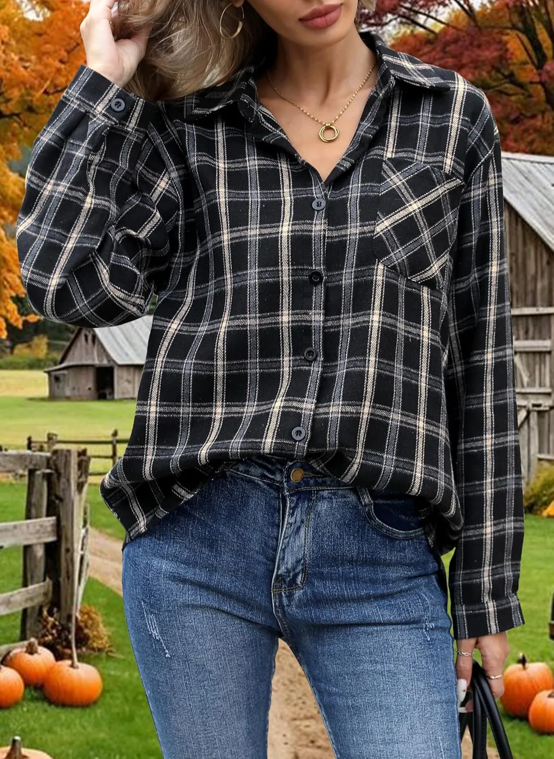 Asiertiy Womens Buffalo Plaid Flannel Shirt Long Sleeve Collar Button Down Blouses Lightweight Tops (S-2XL)