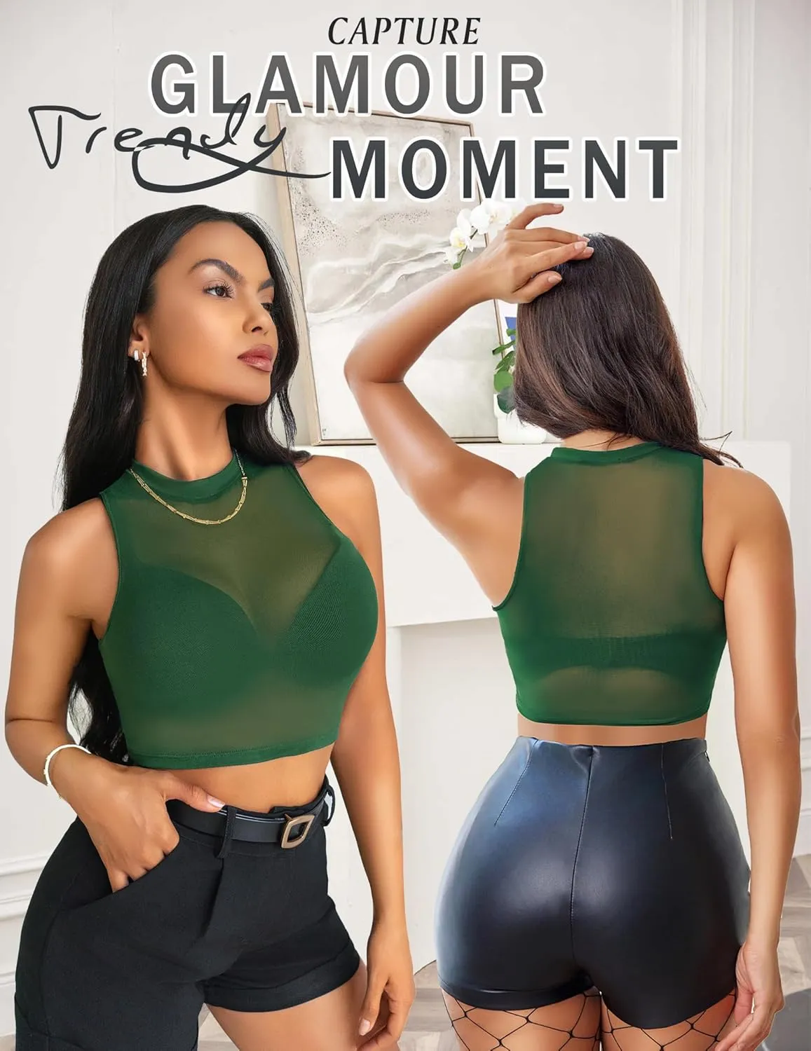 Avidlove Sexy Mesh Crop Top for Women Sleeveless Sheer High Neck Tops See Through Tank Blouses Shirts