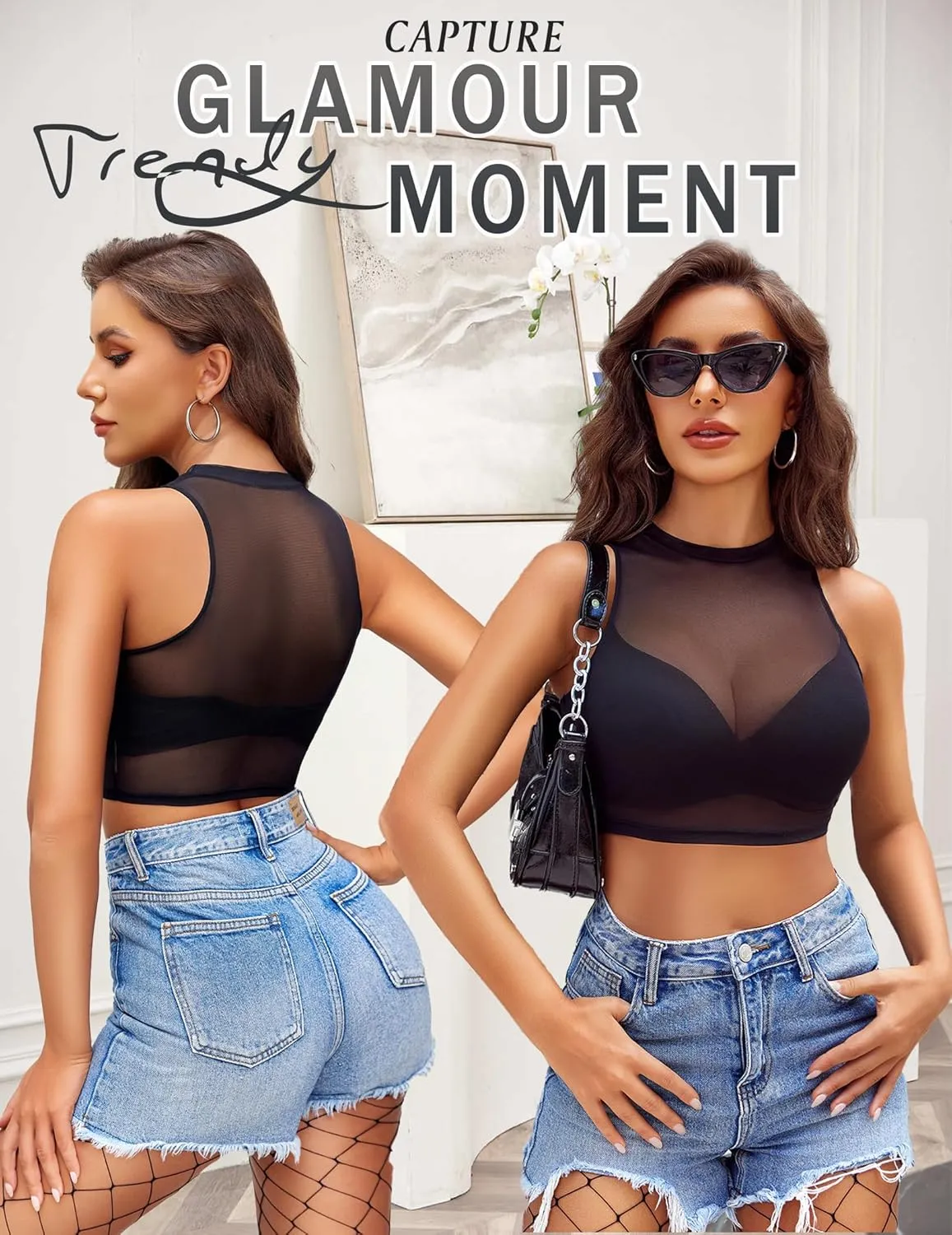 Avidlove Sexy Mesh Crop Top for Women Sleeveless Sheer High Neck Tops See Through Tank Blouses Shirts