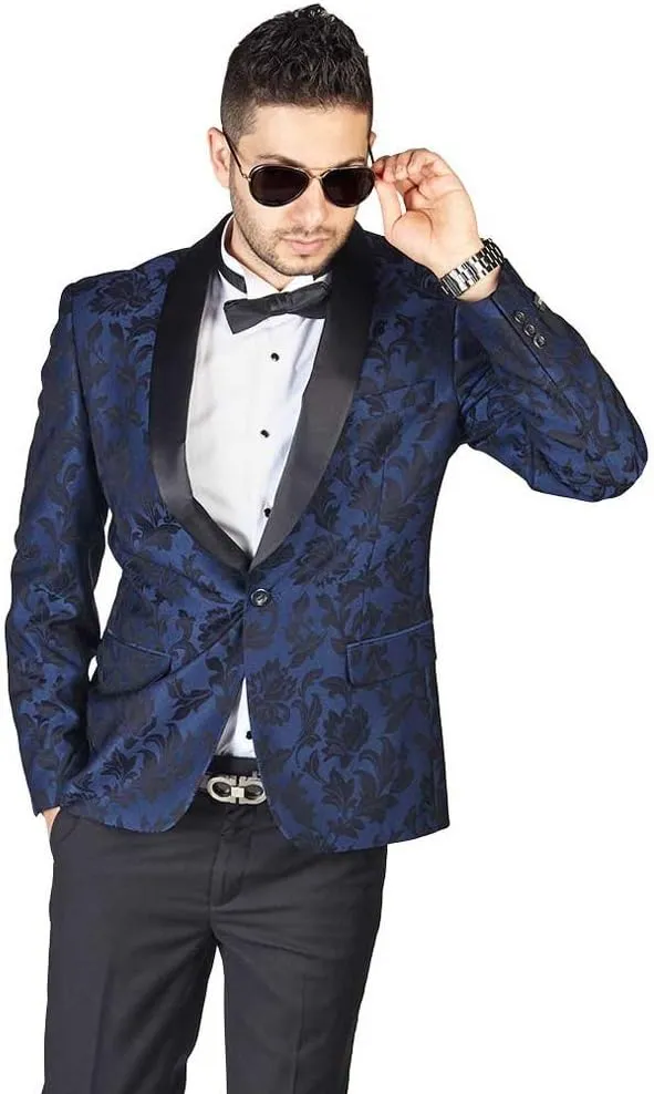 AZAR MAN Slim Fit 1 Button Shawl Lapel Black Satin Collar Floral Tuxedo Dinner Jacket Blazer