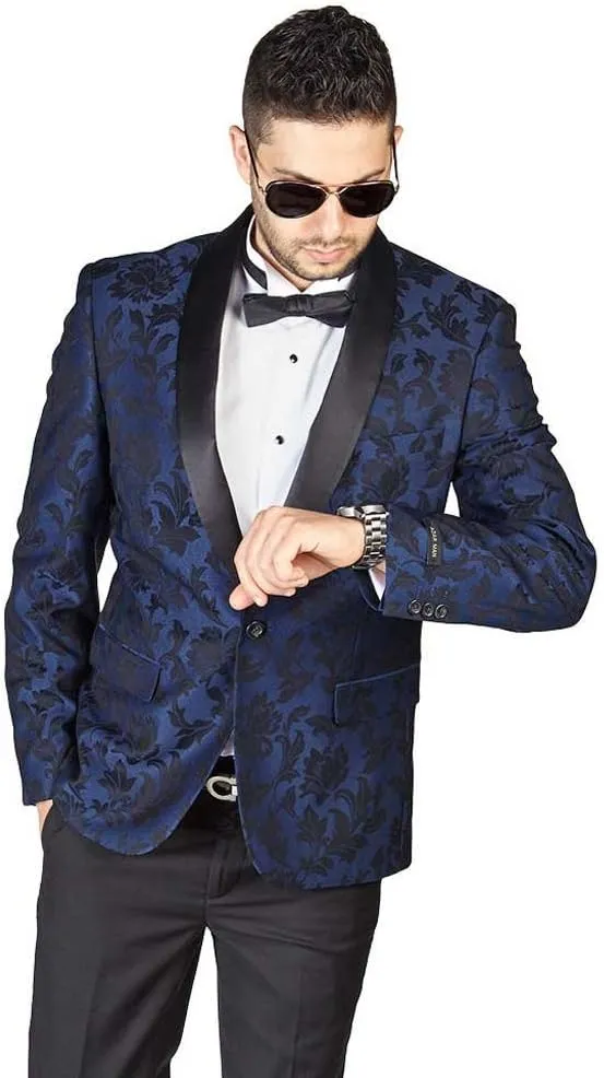 AZAR MAN Slim Fit 1 Button Shawl Lapel Black Satin Collar Floral Tuxedo Dinner Jacket Blazer