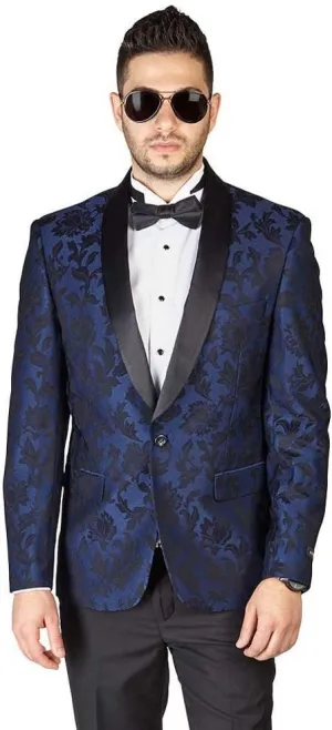 AZAR MAN Slim Fit 1 Button Shawl Lapel Black Satin Collar Floral Tuxedo Dinner Jacket Blazer