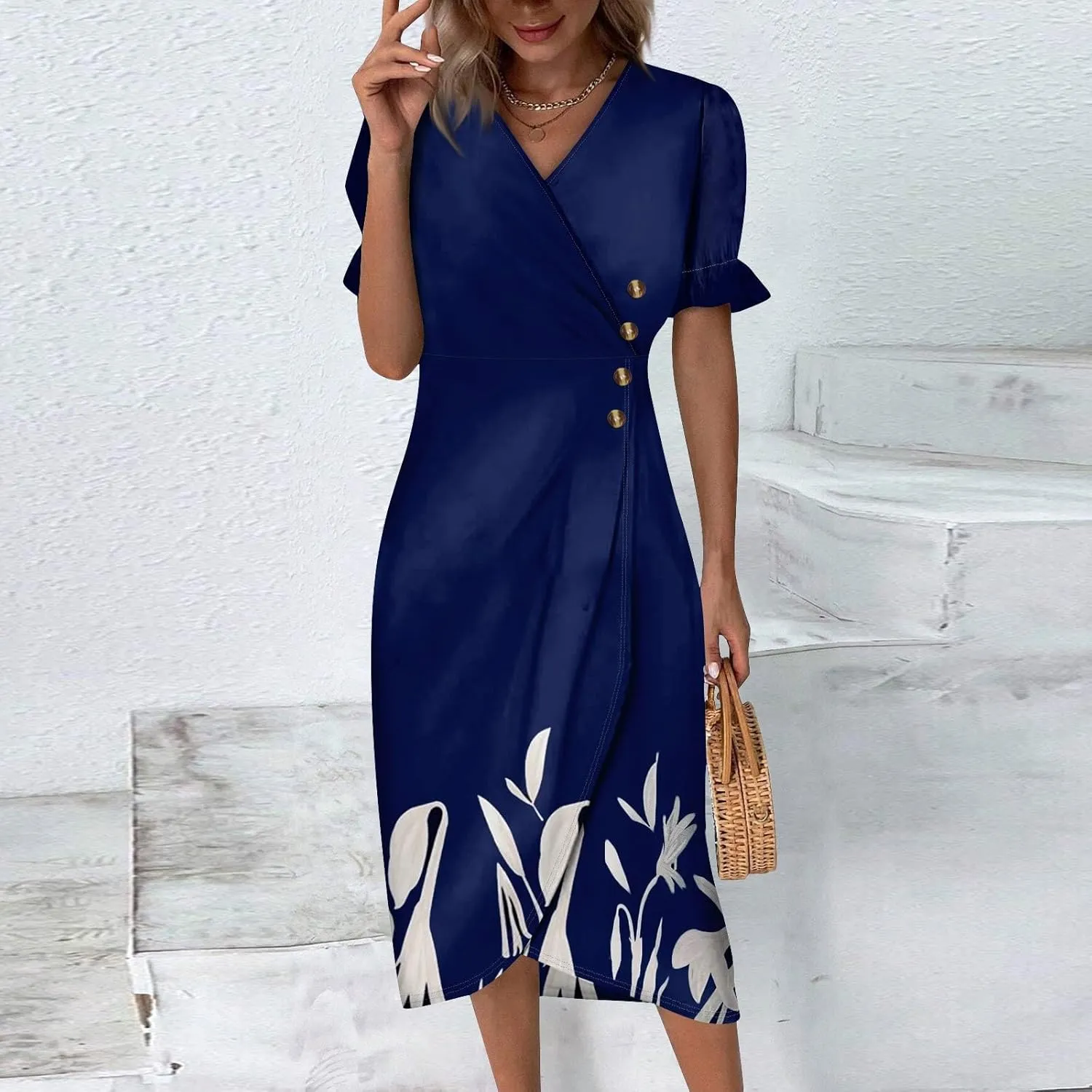 Beach Dresses for Women 2025 Vacation Spring Summer Boho Dress Short Sleeve V Neck Dresses Irregular Hem Midi Dress