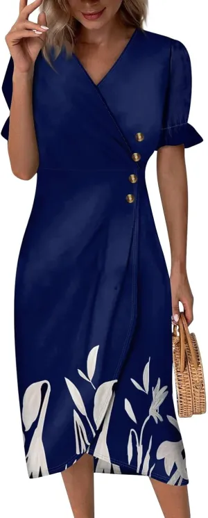 Beach Dresses for Women 2025 Vacation Spring Summer Boho Dress Short Sleeve V Neck Dresses Irregular Hem Midi Dress