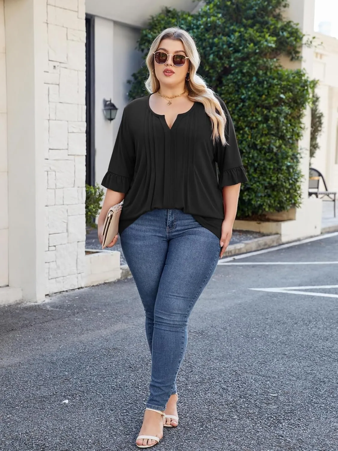 Beauhuty Women's Plus Size Shirts Dressy Casual Blouses 3/4 Bell Ruffle Sleeve Front Pleated Trendy Business Peplum Tops