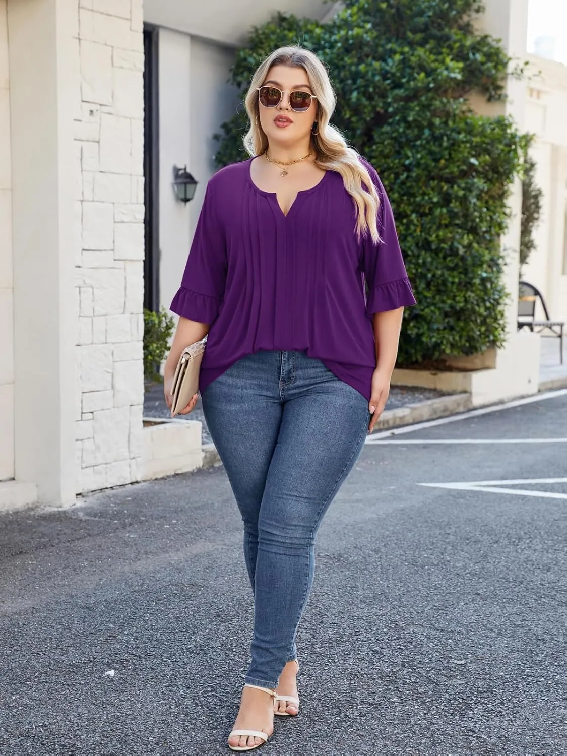 Beauhuty Women's Plus Size Shirts Dressy Casual Blouses 3/4 Bell Ruffle Sleeve Front Pleated Trendy Business Peplum Tops