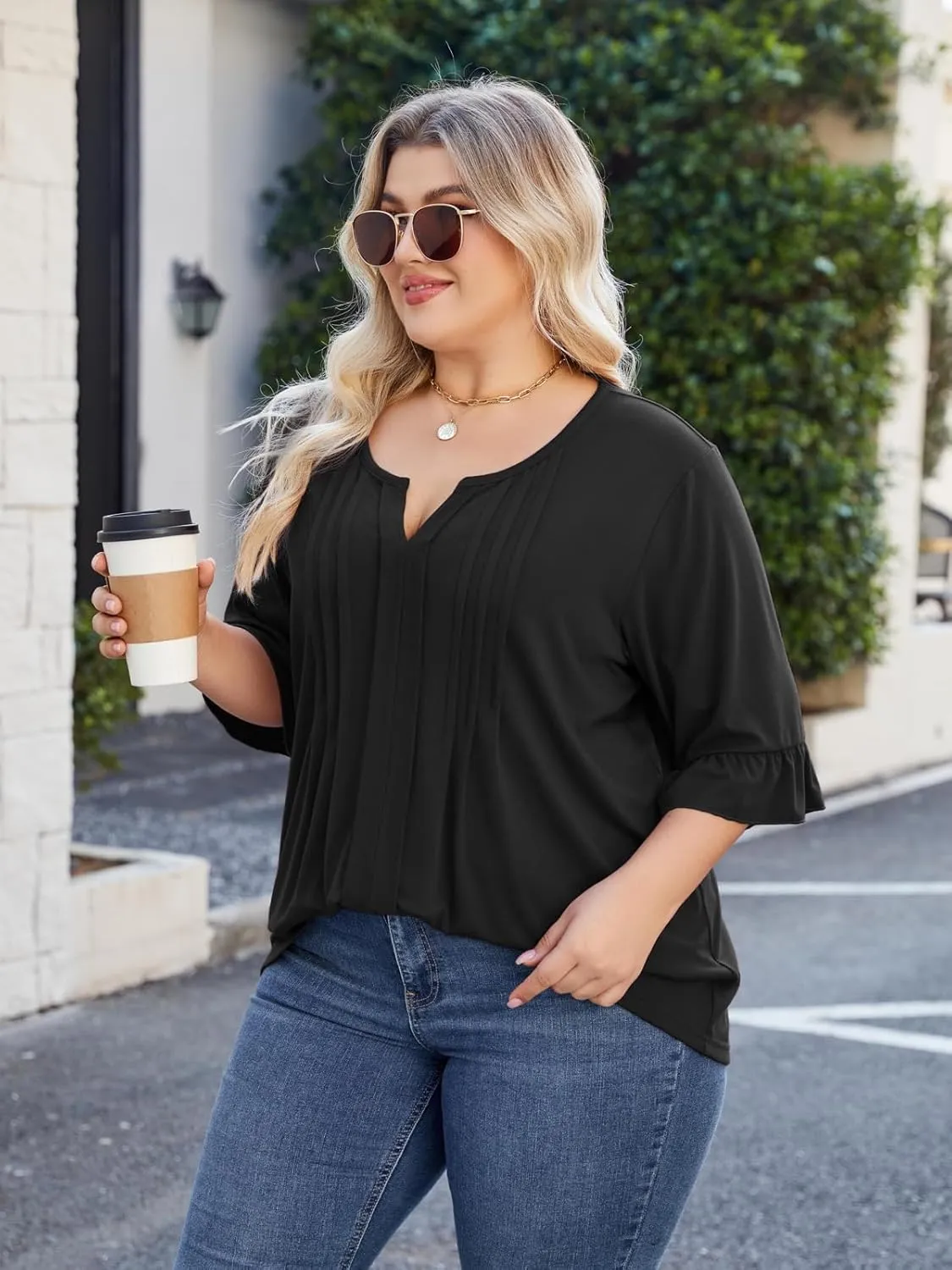 Beauhuty Women's Plus Size Shirts Dressy Casual Blouses 3/4 Bell Ruffle Sleeve Front Pleated Trendy Business Peplum Tops