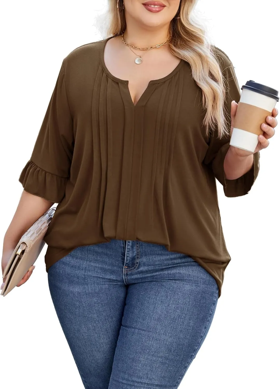 Beauhuty Women's Plus Size Shirts Dressy Casual Blouses 3/4 Bell Ruffle Sleeve Front Pleated Trendy Business Peplum Tops