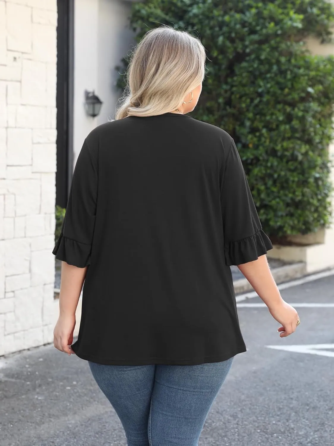 Beauhuty Women's Plus Size Shirts Dressy Casual Blouses 3/4 Bell Ruffle Sleeve Front Pleated Trendy Business Peplum Tops