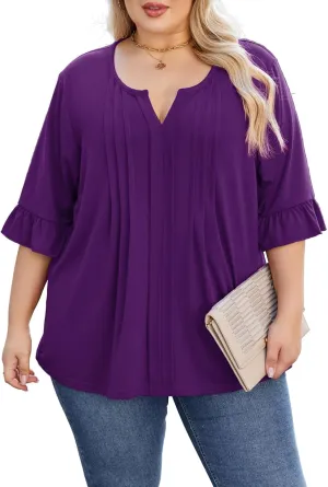 Beauhuty Women's Plus Size Shirts Dressy Casual Blouses 3/4 Bell Ruffle Sleeve Front Pleated Trendy Business Peplum Tops