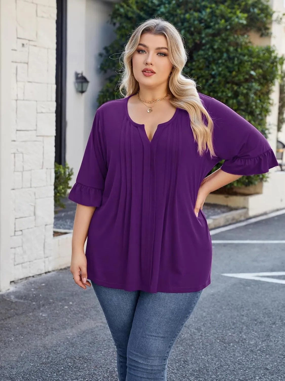 Beauhuty Women's Plus Size Shirts Dressy Casual Blouses 3/4 Bell Ruffle Sleeve Front Pleated Trendy Business Peplum Tops