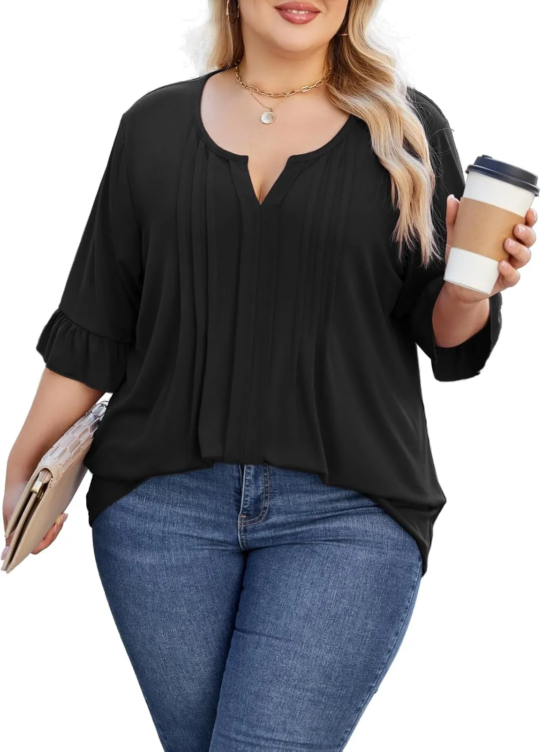 Beauhuty Women's Plus Size Shirts Dressy Casual Blouses 3/4 Bell Ruffle Sleeve Front Pleated Trendy Business Peplum Tops