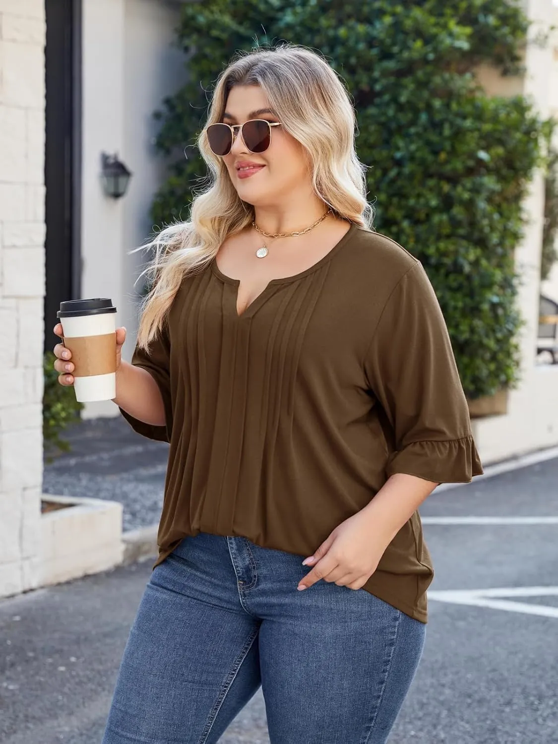 Beauhuty Women's Plus Size Shirts Dressy Casual Blouses 3/4 Bell Ruffle Sleeve Front Pleated Trendy Business Peplum Tops