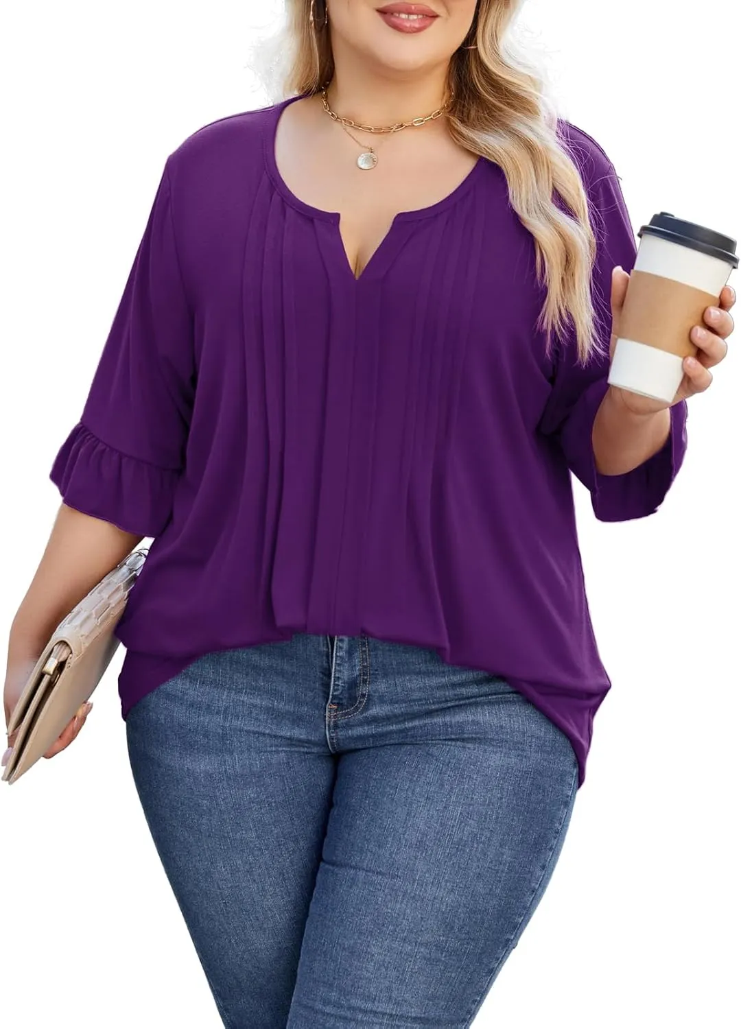 Beauhuty Women's Plus Size Shirts Dressy Casual Blouses 3/4 Bell Ruffle Sleeve Front Pleated Trendy Business Peplum Tops