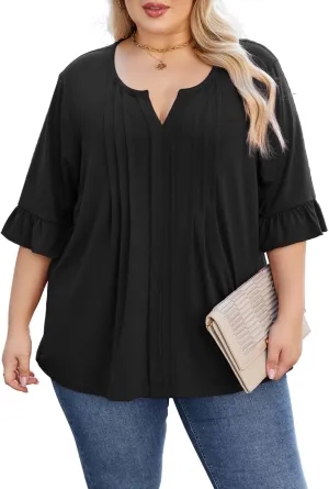Beauhuty Women's Plus Size Shirts Dressy Casual Blouses 3/4 Bell Ruffle Sleeve Front Pleated Trendy Business Peplum Tops