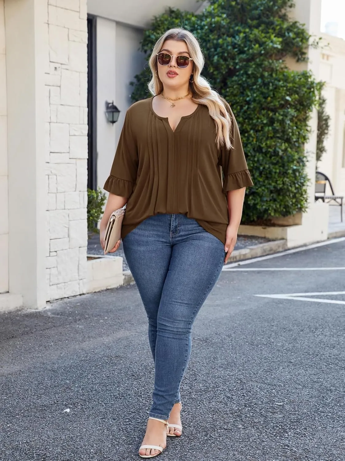 Beauhuty Women's Plus Size Shirts Dressy Casual Blouses 3/4 Bell Ruffle Sleeve Front Pleated Trendy Business Peplum Tops