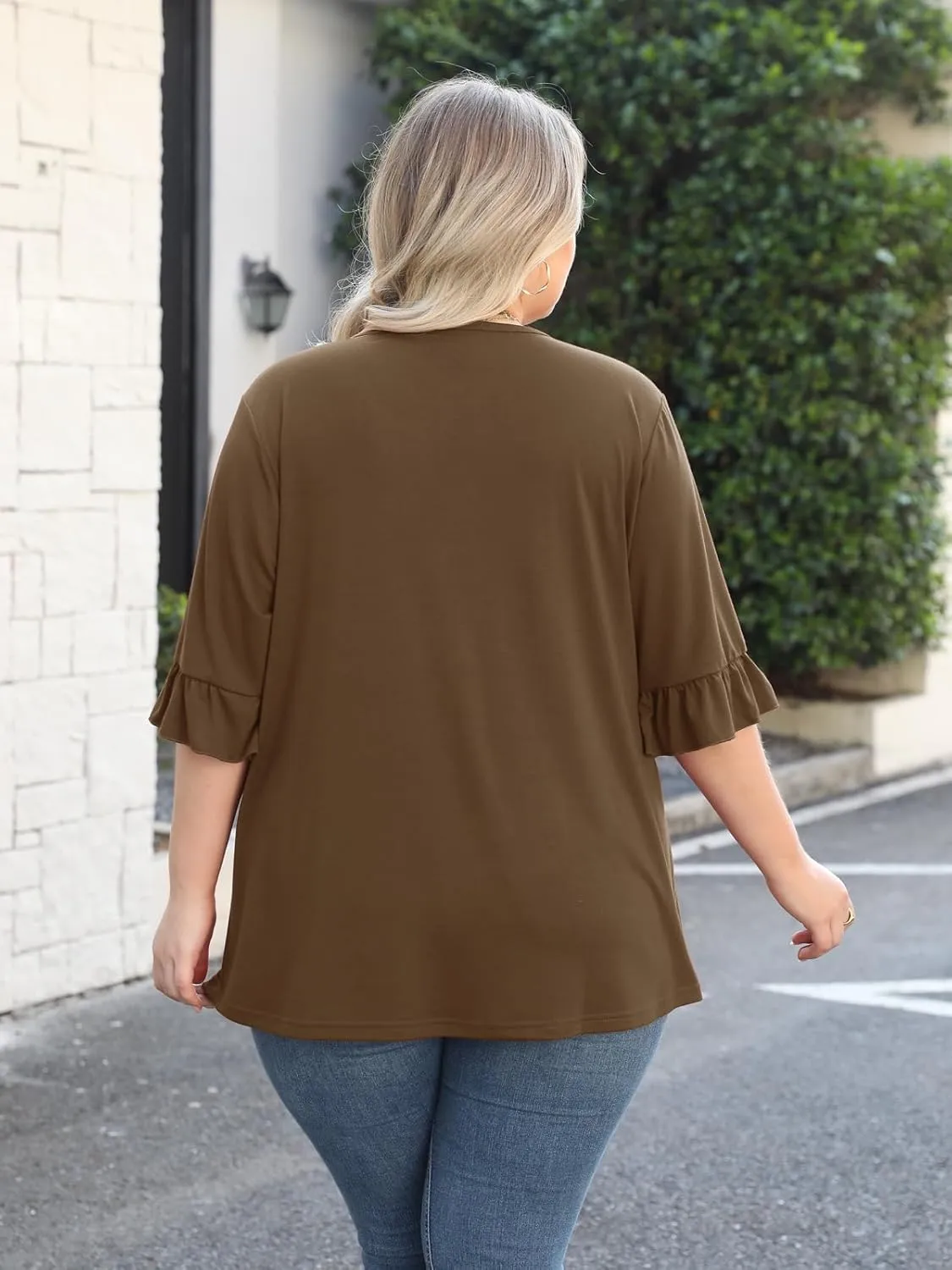 Beauhuty Women's Plus Size Shirts Dressy Casual Blouses 3/4 Bell Ruffle Sleeve Front Pleated Trendy Business Peplum Tops