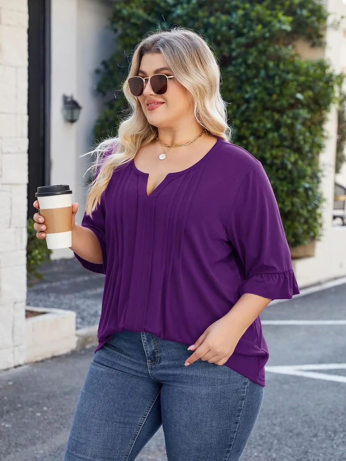 Beauhuty Women's Plus Size Shirts Dressy Casual Blouses 3/4 Bell Ruffle Sleeve Front Pleated Trendy Business Peplum Tops