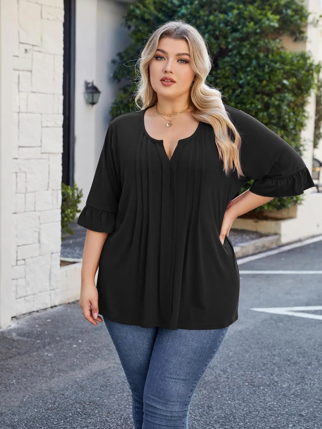 Beauhuty Women's Plus Size Shirts Dressy Casual Blouses 3/4 Bell Ruffle Sleeve Front Pleated Trendy Business Peplum Tops