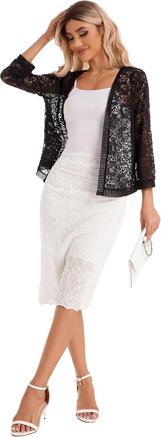 BENANCY Women's Lace Cardigans 3/4 Sleeve Open Front Cover Up Jacket