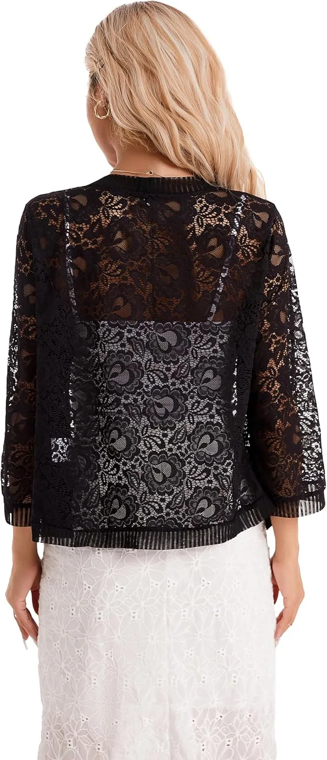 BENANCY Women's Lace Cardigans 3/4 Sleeve Open Front Cover Up Jacket