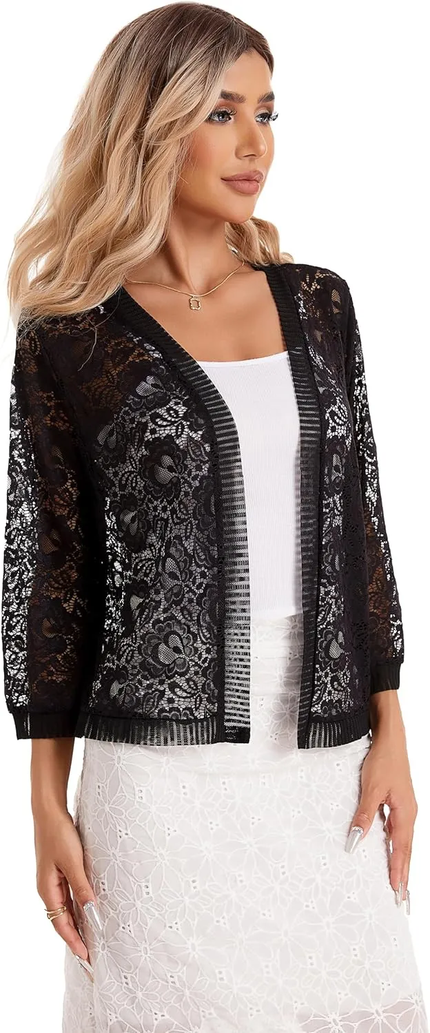 BENANCY Women's Lace Cardigans 3/4 Sleeve Open Front Cover Up Jacket