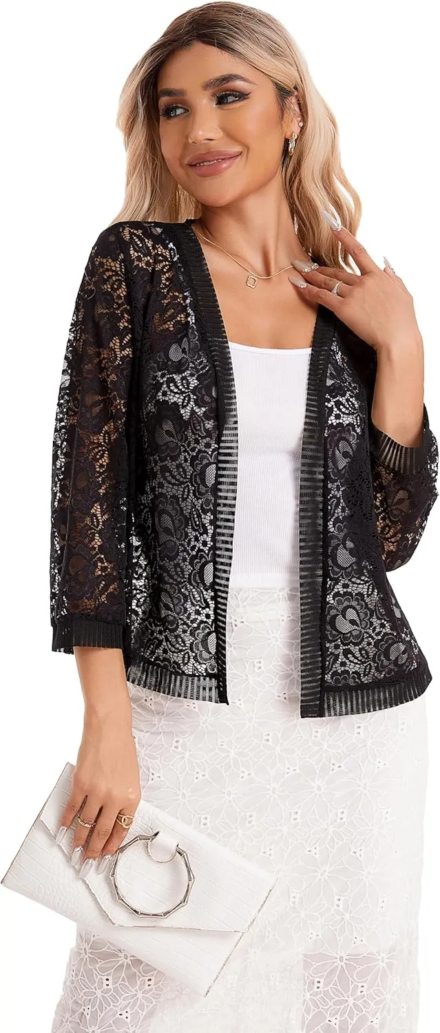 BENANCY Women's Lace Cardigans 3/4 Sleeve Open Front Cover Up Jacket